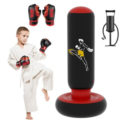 QPAU Larger Stable Punching Bag Toy for Kids with Boxing Gloves, Tall 66 Inch Kids Inflatable Boxing Bag Toy, Gifts for Boys & Girls Age 6-12, for Karate, Taekwondo, MMA and to Relieve Pent Up Energy