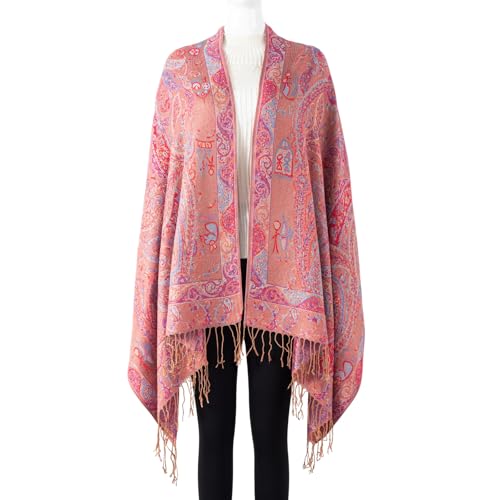 TUSHUSTY Pashmina Feel Shawls Wraps Rave Scarf for Women Soft Silky Reversible Men Scarves Hijab - color: Tan Red Blue