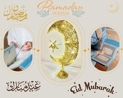 Eid Moon Star Table Lamp & Balloons Set - Metal Glitter-Clad LED Light, Battery-Powered 14" Festive Bedside/Desktop Décor + 12 Eid Mubarak Balloons (Gold Eid Gift) - color: Gold