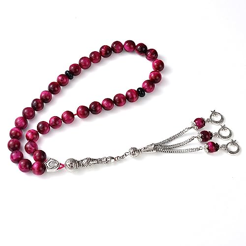 TAS B Tasbih Prayer Beads 33 Pink Tiger Eye Stone (33 Beads - 10 mm) - Masbaha Muslim Rosary - Zikr, Dhikr Subha - Chapelet - Tasbeeh - Islamic Gifts for Women - Handmade Sibha - Eid Gifts