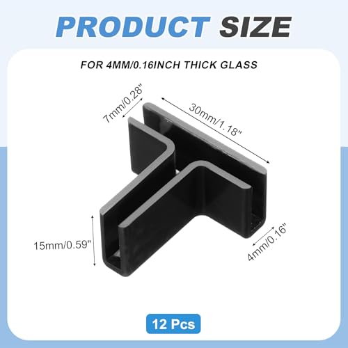 uxcell 12Pcs Plastic Glass Connector, t Shaped Glass to Glass Clamp for 4mm Thick, Fixing Bracket Rimless Clip Holder for Aquarium Fish Tank Display Shelves, (4mm, Black) - size: 4mm