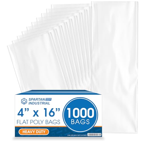 4" X 16" Open-End Flat Poly Bags (1000 Count) - 2 Mil Clear | Heat-Sealable Plastic Bags for Packaging, Shipping, Storage - No Adhesive Strip - Spartan Industrial - size: 4" X 16"