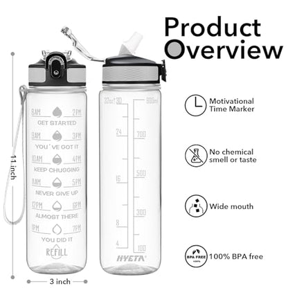 Hyeta Water Bottle with Straw & Time Marker, Plastic 32oz Leakproof | Motivational Tritan BPA Free Gym Office Outdoor Intake Tracker Hourly Reminder Straw Lid Carry Strap - color: transparent