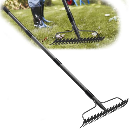 63 inch Bow Rake, 2-in-1 Metal Garden Lawn Rake for Weeding Digger Loosening Soil Raking Leaf Leveling Rocks Spreading Mulch Gravel 17 Tines Adjustable Garden Rake - style: 63 inch