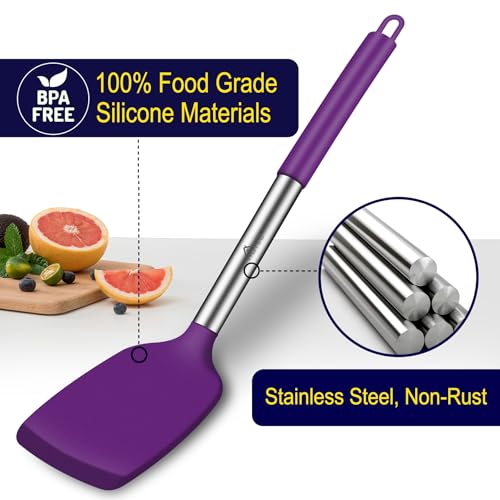 HOTEC Silicone Spatula Set of 2 Heat-Resistant 600°F & BPA-Free Kitchen SaptulaTurner with Stainless Steel Handles, Slotted & Solid Spatulas for Nonstick Cookware, 13.7 Inch, Purple - color: Purple