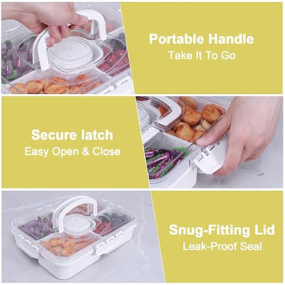 Large Snackle Box Container with Dip Container, 5 Compartments Snack Container with Lid and Handle, Veggie Fruit Divided Serving Tray for Party, Picnic, Dishwasher Safe, BPA-Free - color: White