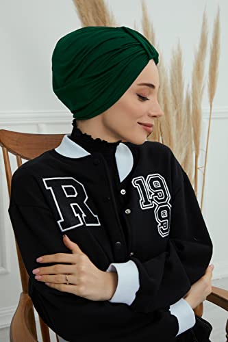 Aisha's Design Instant Turban Plain Cotton Scarf Head Wrap Lightweight Hat Bonnet Cap for Women - color: Dark Green