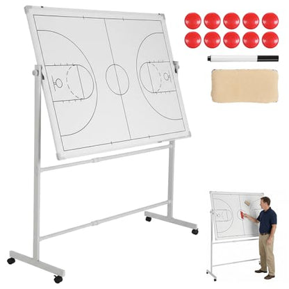 Generic Mobile Double-Sided Basketball Coaching Board Height Adjustable Whiteboard with Wheels Dry Erase Board with Magnets Pen & Eraser for Coaches - color: Basketball