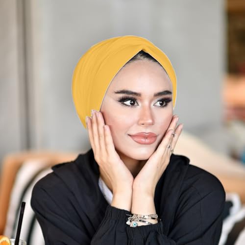 para life Dubai Turbans for Women, Breathable Instant Turban|Std Size Stretchable Cotton|Hijab Cap&Undercap - color: Mustard