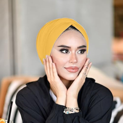 para life Dubai Turbans for Women, Breathable Instant Turban|Std Size Stretchable Cotton|Hijab Cap&Undercap - color: Mustard