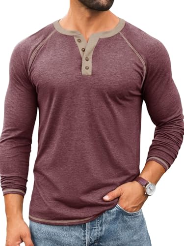 Yousify Mens Henley Shirts Long Sleeve Tops - color: Burgundy, size: XX-Large