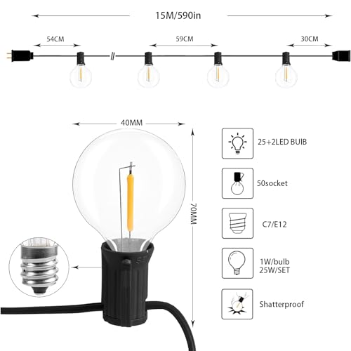50FT LED Outdoor String Lights with 27 G40 Bulbs (2 Spare) Connectable Yard Hanging Lights for Party Tents Patio Gazebo Porch Deck Bistro Backyard Balcony Pergola Outside Decor - size: 50FT/27Led Bulbs