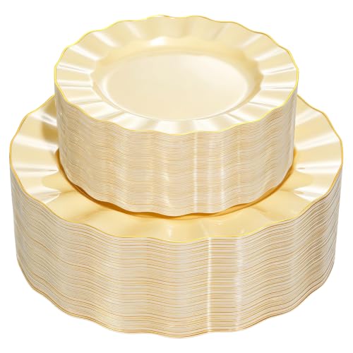120PCS Yellow Plastic Plates, Wavy Plates with Gold Rim - color: Yellow, size: 120PCS