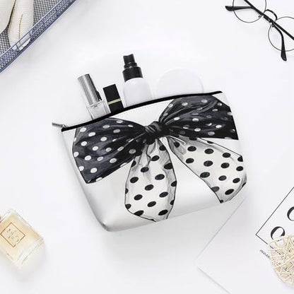 Black And White Polka Dot Bow Makeup Bag, Travel Toiletry Organizer, Cosmetic Pouch for Women, Birthday Presents for Mom Girls Women Sisters - color: Black And White Polka Dot Bow