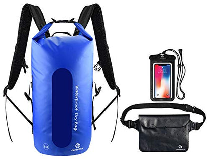 Freegrace Waterproof Dry Bag Set of 3 - Submersible Dry Sack with Double Zip Lock Seals - Includes Waist Pouch & Phone Case - Perfect for Kayaking, Swimming, Boating & Rafting (Window, Navy Blue, 35L) - color: Navy Blue, size: 35L, style: Window