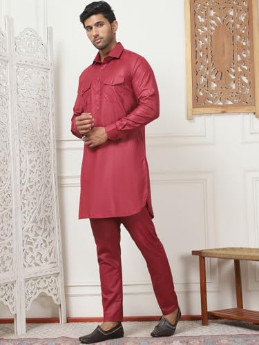 Maple Clothing Punjabi Kurta Pajama Set Pathani Mens Cotton Indian Clothes Bollywood Outfit - color: Maroon, size: Medium