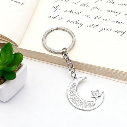 Islamic Ayatul Kursi Keychain Muslim Crescent Moon and Star Keyring Arabic Calligraphy Keyring Allah Amulet Jewelry - color: Silver