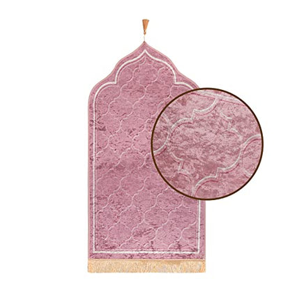Simple Solid Muslim Prayer Rug Velvet Embossed Turkish Prayer Carpet Portable Islam Prayer Mat for Men Women Islamic Janamaz Great Ramadan Eid Gift Elegant Sajadah with Tassel Salat Rug 60x110cm - color: Pink