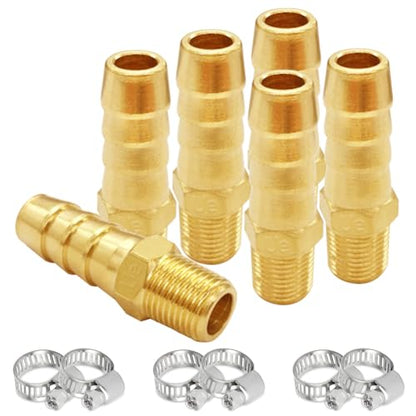Uenede Brass 1/8" NPT Male to 3/8" Hose Barbed Fittings, 6PCS | Barb Pipe Fittings with Clamps Air Line Repair Connectors for Water Oil Gas - size: 3/8"Barb, style: 1/8"NPT Male