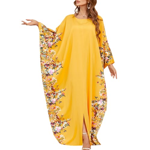 OBEEII Muslim Dress for Women Loose Batwing Sleeved Hooded Beaded Embroidery Long Abaya Dress Kaftan Abayas Islamic Robe - color: Yellow