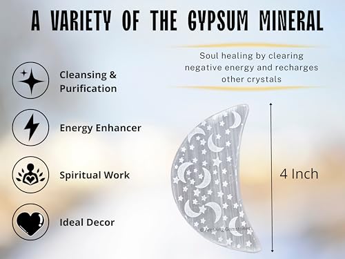 Amazing Gemstone Selenite Crystal Charging Plate for Crystals and Healing Stones, 4" Selenite Crystal Plate Engraved Star and Moon Coaster for Home, Office Table Decor (Selenite Crescent Moon) - size: 4" Inches
