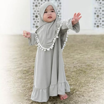 IWEMEK Infant Baby Girl Prayer Dress Kids Muslim Clothes for Toddler Girls Abaya with Hijab Ruffle Islamic Eid Ramadan Outfit - color: Gray, size: 2-3 Years