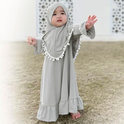 IWEMEK Infant Baby Girl Prayer Dress Kids Muslim Clothes for Toddler Girls Abaya with Hijab Ruffle Islamic Eid Ramadan Outfit - color: Gray, size: 18-24 Months