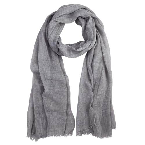 Summer Cotton Blend Crinkle Vintage Soft Scarf with Fringed Edges 35" × 70" - color: Gray