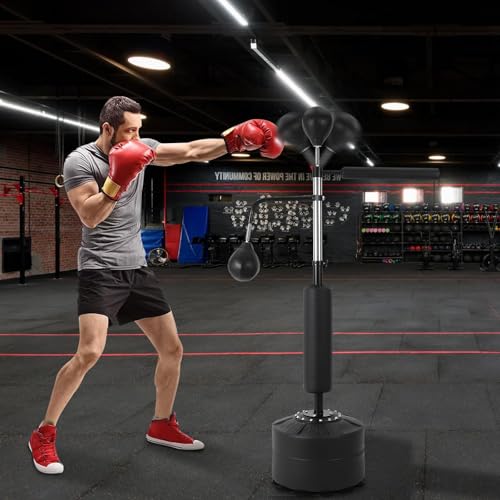 3-in-1 Freestanding Punching Bag Set, Adjustable Height Boxing Bag with 2 Speed Balls & 360° Reaction Bar, Complete Home Boxing Equipment System No Mounting Needed for Adults Teens MMA Kickboxing