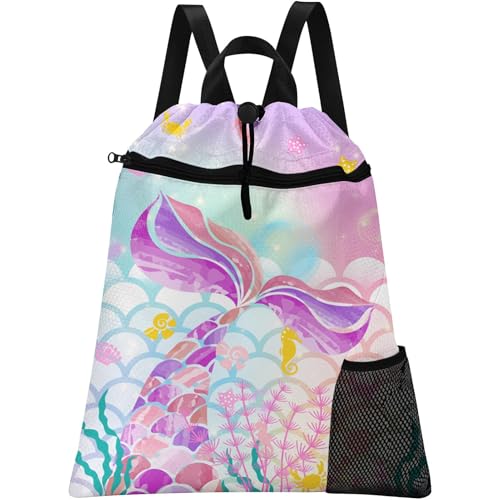 Pink Mermaid Drawstring Backpack, 15” x 17” Waterproof Swim Bag for Beach Swimming Pool, Lightweight Foldable Gym Bag with Water Bottle Holder for Sports Travel - color: Pink Mermaid