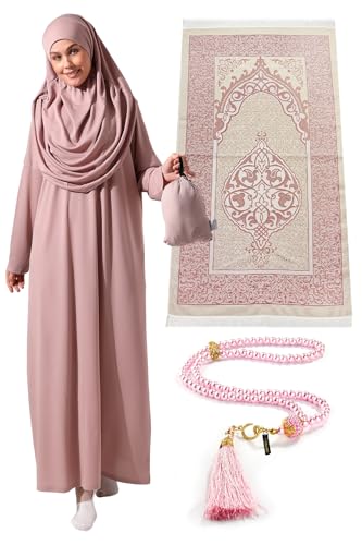 ihvan online Muslim Dresses for Women, One-Piece Prayer Dress & Prayer Rug & Beads, Islamic Gift Set for Eid Ramadan - color: Rose Dry, size: 3XL-6XL