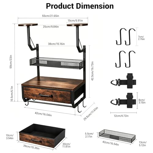 Motorcycle Helmet Holder Wall Mounted with 4 Hanging Hooks, Drawer & Mesh Basket, All-in-On Easy Access Gear Storage Organizer for Helmets Shape Protection, Motorcycle Accessories, Black