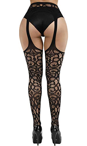 E-Laurels Womens High Waist Patterned Fishnet Tights Suspenders Pantyhose Thigh High Stockings Black - color: Black A10