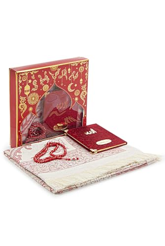 ihvan online Prayer Gift Set for Men & Women, Muslim Taffeta Prayer Rug, Salah Mat, Beads Rosary, Velvet Covered Yaseen Islamic Gift Set for Ramadan & Eid, Red - color: Red