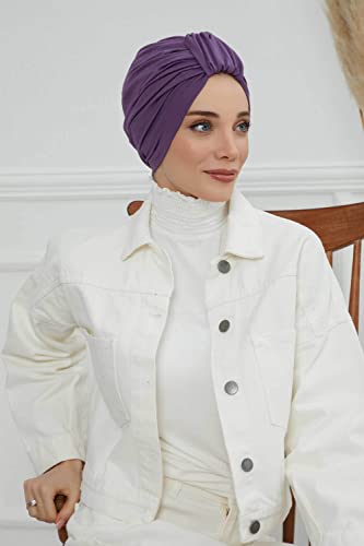 Aisha's Design Instant Turban Plain Cotton Scarf Head Wrap Lightweight Hat Bonnet Cap for Women - color: Purple