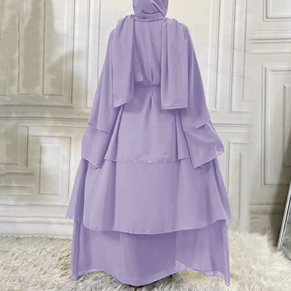 Abayas 여성용 무슬림 아바야 긴소매 맥시 드레스 루즈 풀 커버 이슬람 두바이 가디건 히잡 옷 S-XXL - color: 라이트 퍼플+히잡, size: Large