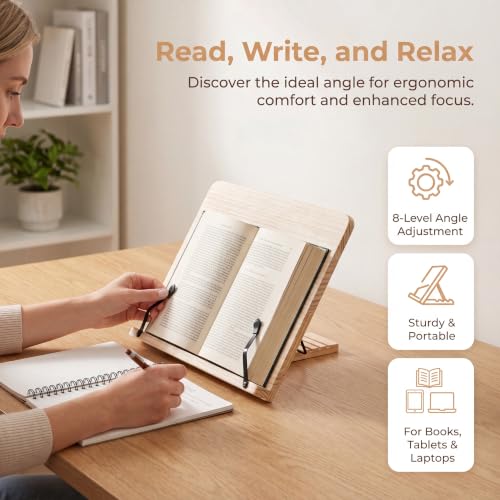 Wooden Book Stand 8 Adjustable Angles, Foldable Reading Holder with Page Clips, Hands-Free Cookbook Stand for Textbook Tablet Laptop Desktop, Ergonomic Portable Book Stand for Kitchen Office Study - size: 13.4x9.45inch