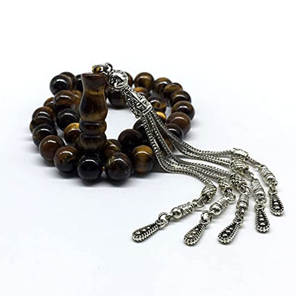 Big Prayer Beads-Worry Beads-Tesbih-Tasbih-Tasbeeh-Misbaha-Masbaha-Subha-Sebha-Sibha-Rosary (-Tiger Eye Natural Stone with Metal Tassel -10mm-33 Beads-) - color: Big Beads with Metal Tassel -10mm-33 Beads-