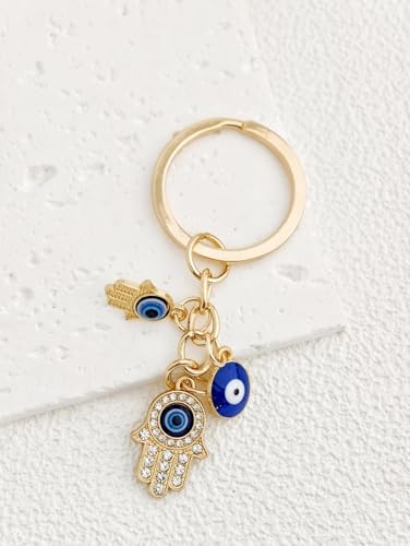 Blue Evil Eye Keychain Hamsa Hand Protection Keyring Good Luck Amulet for Purse Keys,Spiritual Gift for Women Men - color: Gold-5