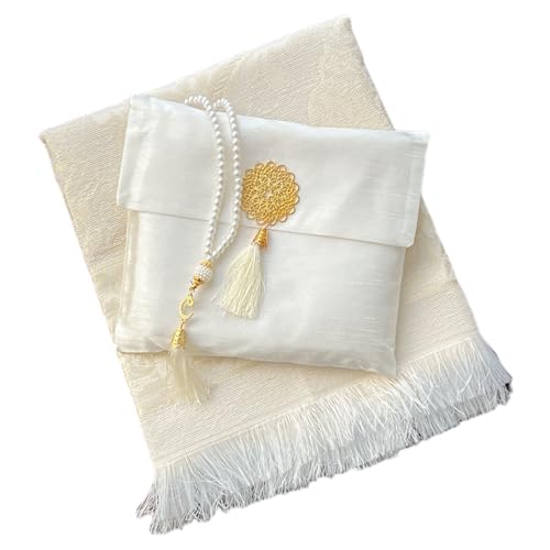 Muslim Prayer Rug and Beads with Elegant Slub Fabric Bag | Janamaz | Sajadah | Soft Islamic Prayer Rug | Islamic & Mawlid Gifts | Prayer Carpet Mat, Taffeta Fabric (White, 8 Sets) - color: White, size: 8 Sets