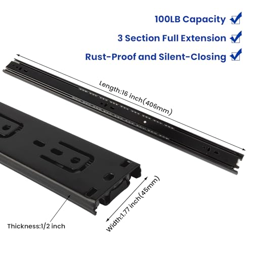 LONTAN 10 Pairs Black Side Mount Drawer Slides 16 Inch Heavy Duty Rails | Electro-Coated Cold Rolled Steel; 100lb Capacity Full Extension; Smooth Ball Bearing Glides; Quick Release Easy Setup - color: Black, size: 16 Inch - Drawer Slide