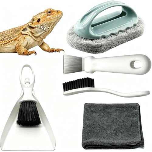 Bearded Dragon Tank Cleaning Kit, Reptile Enclosure Cleaning Set with Mini Dustpan, Brush, Scraper & Cleaning Cloth, Small Reptile Cleaning Accessories for Lizard, Gecko, Hedgehog Glass Terrarium