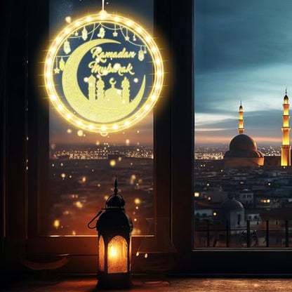 ROCEEI 3D 9.45" Ramadan Mubarak LED Window Lights Moon and Star Hanging Ornament with Suction Cup Ramadan Lights Decorations Indoor Outdoor Battery Operated for Bedroom Holiday Party