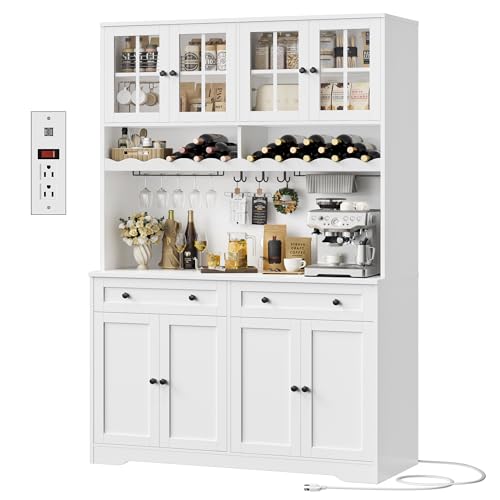 HOSTACK 75" Kitchen Pantry Storage Cabinet, Coffee Bar Hutch Cabinet, White | Tall Pantry Cabinet with Charging Station / Wide Countertop / Glass Doors / Wine Rack / Cup Holder / Drawers, Dining Room - color: White