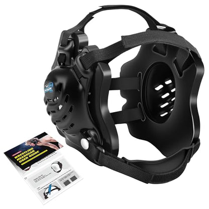 Trymaker Wrestling Headgear, Head Gear for Men and Youth with Chin Cup, Dual-Layer Ear Guard for MMA, BJJ (for Users Age 10+) - color: Black Headgear & Black Strap