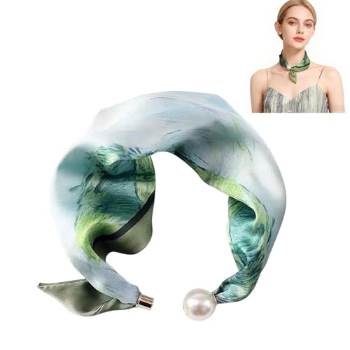 MIUPOO Magnetic Pearl Scarf,Satin Scarves for Women,Classic Printing Scarf,Elegant Neck Tie,Hair Bandanas Scarves,1 Piece. (1, green) - color: green
