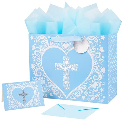 JWSCYSY 12.6" Large Blue Gift Bag with Metallic Silver Star Cross Design, Card and Tissue Paper for Baby Boy Baptisms, Christenings, First Communions Religious - color: Blue 12.6"