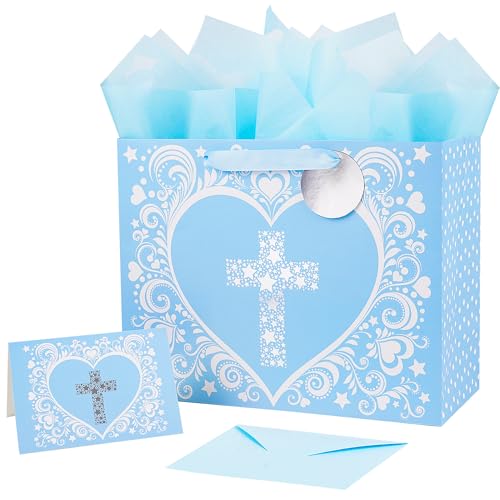 JWSCYSY 12.6" Large Blue Gift Bag with Metallic Silver Star Cross Design, Card and Tissue Paper for Baby Boy Baptisms, Christenings, First Communions Religious - color: Blue 12.6"