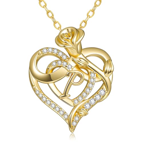 14k Gold Plated Heart Initial Necklaces for Women - style: Letter P
