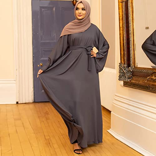 Women's Muslim Kaftan Abaya Dress Long Sleeve Self Tie Maxi Dress Middle East Arabian Robe Gown - color: 5163-grey, size: Large